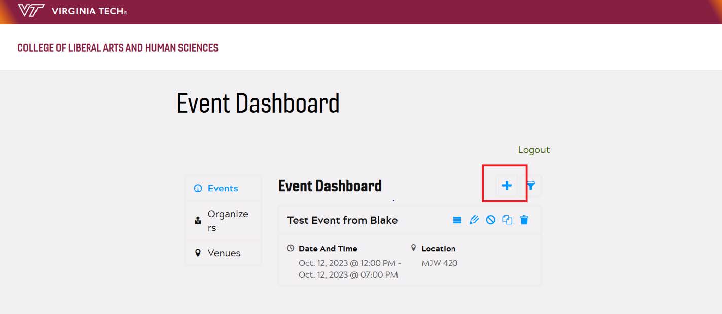 screenshot of event dashboard with the plus symbol button that is used to add an event to the claendar