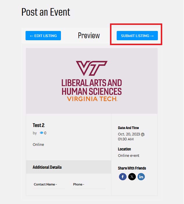 Event Preview page with submit listing button hightlighted