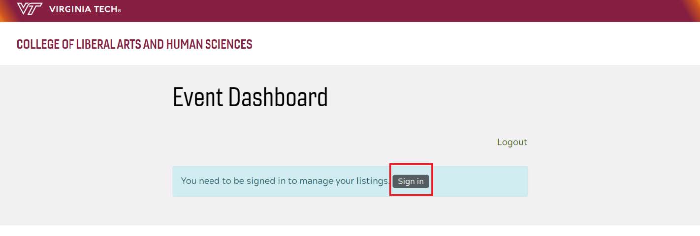 Screenshot highlighting the sign in button on the events dashboard page that is visible when the user isn't signed in