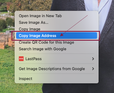 right click menu options from image with Copy Image Address highlighted and selected